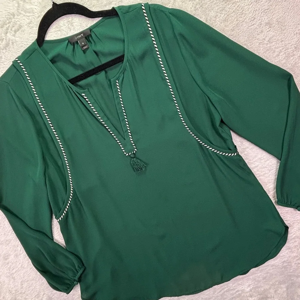 J. Crew Women Blouse Size 8 Green Tassel Whipstitch Split Neck Long Sleeve